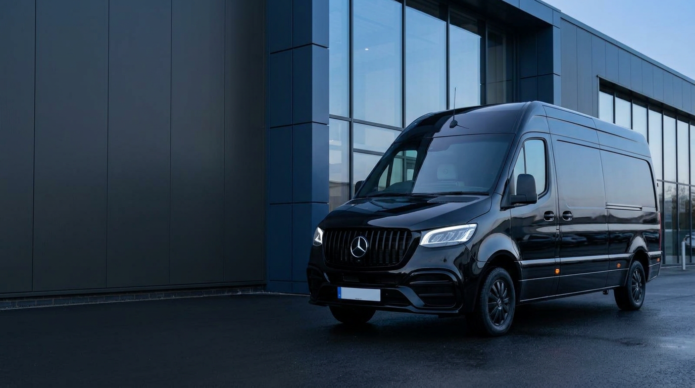 Black D-Luxe Mercedes-Benz Sprinter outside contemporary architecture